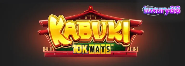 Tampilan layar permainan slot Kabuki 10k Ways dengan tema teater Jepang dan hutan bambu.